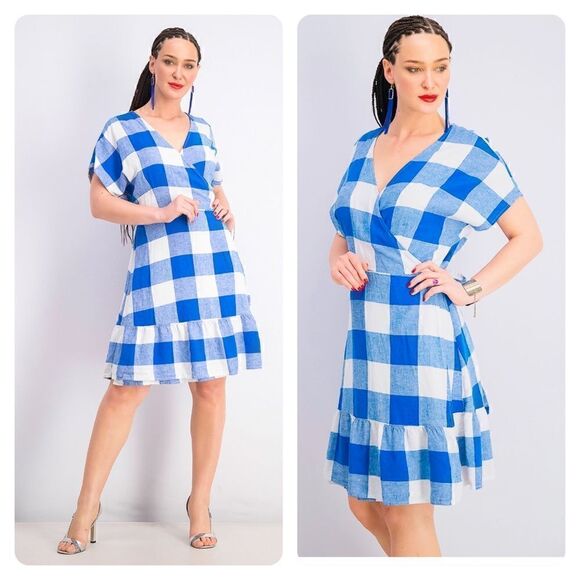 Old Navy Dresses & Skirts - Old Navy Size Large Petite LP Blue & White Plaid Linen Summer Wrap Dress